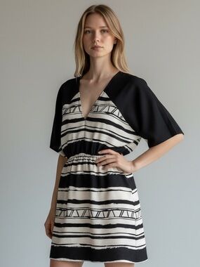 BCBGGeneration Black & Cream Geometric Print Flutter Sleeve Mini Dress Sz XS